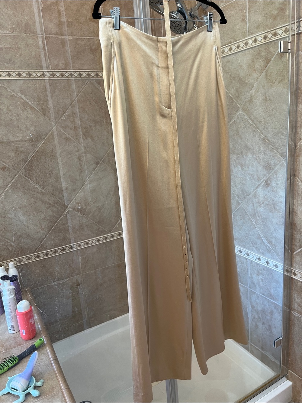 St. John Gold Wide-Leg High-Rise Pants with Belt